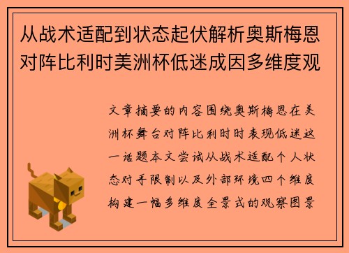 从战术适配到状态起伏解析奥斯梅恩对阵比利时美洲杯低迷成因多维度观察全景